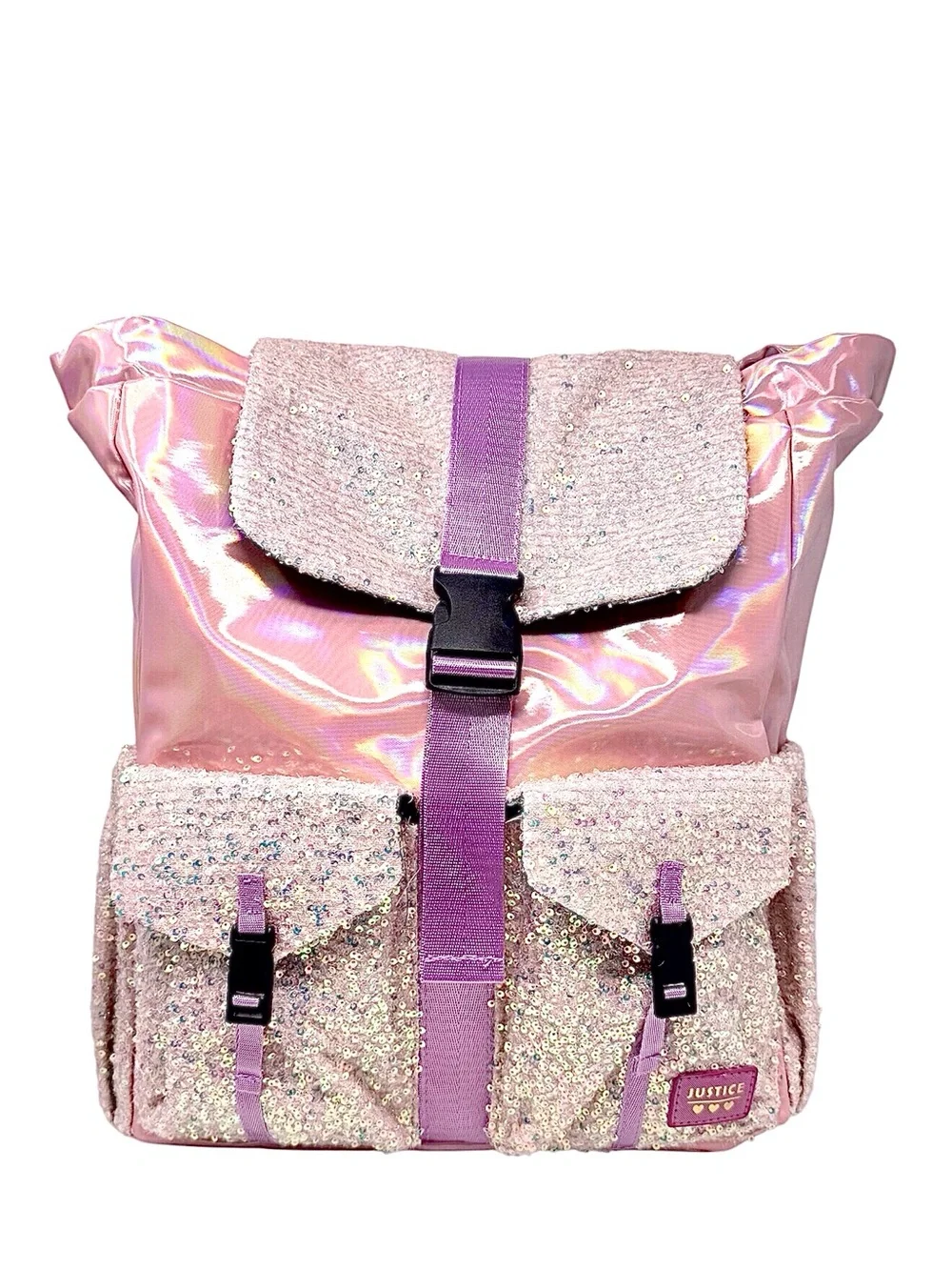 Justice Light Pink/purple iridescent patent leather Sequin Rucksack Backpack nwt